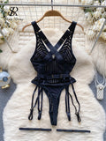 Gwmlk French Style Striped Erotic Playsuits Women Strap Hollow Out Backless Slim Underwear Black Lingerie Sexy Bodysuits