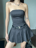 Gwmlk Gothic Plaid Dress Women Y2k E-girl Cyberpunk Streetwear Harajuku Grunge Strapless High Waist Dress Partywear new