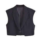 Gwmlk 2024 New Launch Women's Black Short Waistcoat Spring Unisex style Flap Pockets One-Button Fashion Crop Vest Top