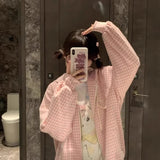 Gwmlk Sweet Pink Plaid Sweatshirts 2024 Spring New Hoodie Tops Mujer Y2k E-Girl Long Sleeve Zipper Cardigan Coat Women