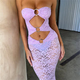 Gwmlk Through Lace Backless Cutout Maxi Dress Elegant Strapless Holiday Outfits for Women Summer Beach Long Sexy Cocktail Dresses