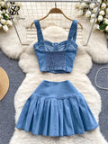 Gwmlk Female Chic Retro Suits Strap Button Elasticity Short Tank+Pleated Mini Skirt Fashion Hotsweet Denim Two Pieces Set