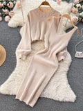 Gwmlk Winter Women Knitted Sets Fashion Breading Long Sleeve Pearl Sweater+Knitted Camis Dress Sets Fashion Sweater Suits