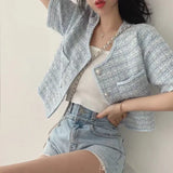 Gwmlk Chic O-neck Double Pockets Coat Women Summer Pearl Button Breasted Jackets Loose Short Sleeve Tweed Jacket