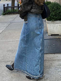 Gwmlk Solid Distressed Denim Skirt High Waist Femme Straight Maxi Skirts 2024 Summer Classic Casual Chic Fashion Women Falda