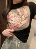 Gwmlk Yellow Short Sleeved T-shirt for Women 2024 Summer Fashion Slim Fit Tee Shirt Y2k Grunge O-neck Kawaii Cat Print Tops