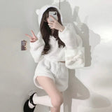 Gwmlk Fluffy Long Sleeve Polar Fleece Hooded Tops Women+ Y2k E-Girl High Waist Shorts 2024 Winter New Two Piece Sets