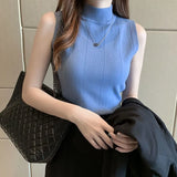 Gwmlk New Korean Fashion Half Turtleneck Ladies Tops Women Tops Casual Clothes Sleeveless Solid Women Blouse Knit Elastic