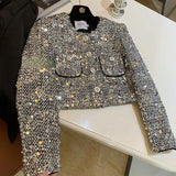 Gwmlk Heavy Sequins Starlight Silver Jackets Spring Long Sleeve Coat Women Y2k Grunge O-neck Single Breasted Tops Mujer