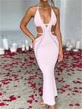 Gwmlk Women Halter Bandage Knitted Crochet Dress Sexy Sleeveless V Neck Cutout Waist Wrapped Bodycon Backless Sundress Beachwear