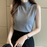 Gwmlk New Summer Korean Knit Elastic Fashion Half Turtleneck Ladies Tops Women Casual Clothes Sleeveless Solid Women Blouse