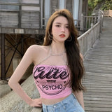 Gwmlk Pink Letter Print Camisole Vest for Women Summer Sexy Off Shoulder Tank Top Y2k E-Girl Bottoming Strapless Tops Female