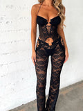 Gwmlk Black 2 Piece Sets See Through Lace Mesh Sleeveless Corset Top Flare Pant Sets 2024 Summer Outfits for Women