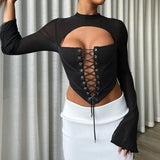 Gwmlk Sexy Mesh Bandage T Shirt Club Clothes for Women 2024 Long Sleeve O Neck Crop Tees Top Female Solid Tee Shirt