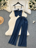 Gwmlk Chic Denim Sets Strap Sleeveless Stripe Camis+Basics Wide Legs Pants Fashion Streetwear Vacation Style Vintage Suits