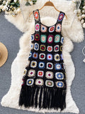 Gwmlk 2024 Sunmmer Knitted Dress Hook Flower Hollow Out Tassel Women Slim Streetwear Original Design Fashion Vintage Dress