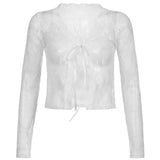 Gwmlk Sexy Lace See Through Cardigan Mujer V-neck Crop Top Slim Fit Tops Women Y2k E-Girl Long Sleeve All-match Shirts