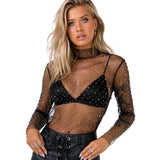 Gwmlk Women O-Neck Sparkle Tee Tops Sexy Clubwear Sheer Mesh Sequins Tops Glitter See-Through Translucent Long Sleeve Feminist Shirt