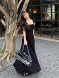 Gwmlk New Summer Waist-fitted Elegant French Style Women's Grey Short Sleeve Tank Dress Long Dress Sexy Dress