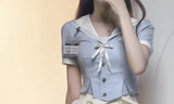 Gwmlk Sailor Collar Bow Slim Fit Blue Jk Tops Women+ Y2k E-Girl High Waist Ruched Cake Skirts Summer New Two Piece Sets