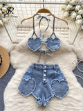 Gwmlk American Hotsweet Sets Halter Sleeveless Backless Love Tops+High Waist Button Basics Shorts Fashion Sexy Denim Suits