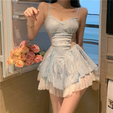 Gwmlk Lace Patchwork Blue Strap Dresses Summer New Slim Fit Dress for Women Y2k E-Girl High Waist Ruched Vestidos Mujer