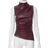 Gwmlk Leather Tank Top High Fashion Asymmetrical Ruched Sleeveless Blouse Winter Sexy T Shirt for Women Y2K Clothes