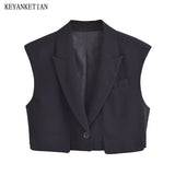 Gwmlk 2024 New Launch Women's Black Short Waistcoat Spring Unisex style Flap Pockets One-Button Fashion Crop Vest Top