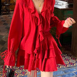 Gwmlk V-neck Ruffles Long Sleeve Tops Women+ Y2k E-Girl High Waist Ruched A-line Skirts Spring New Red Two Piece Sets