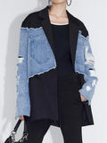 Gwmlk Women's Blazer Notched Collar Patchwork Burrs Edge Denim Broken Holes Loose Suit Jackets 2024 Summer New Fashion LM0107