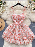 Gwmlk Strap Floral Chiffon Sundress Ladies Sleeveless Zipper Ruched A Line Dress Backless Sexy Lace Print Beach Short Dress