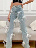 Gwmlk Women's Jeans High Waist Square Diamonds White Feathers Straight Wide Leg Denim Trousers 2024 Summer New Fashion 29L2977