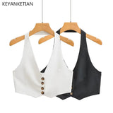 Gwmlk Summer New Single-Row Buttoned-Up Hanging Neck Ultra Short Waistcoat Vest Women's Casual Backless Suspender Top