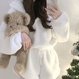 Gwmlk Fluffy Long Sleeve Polar Fleece Hooded Tops Women+ Y2k E-Girl High Waist Shorts 2024 Winter New Two Piece Sets