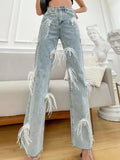 Gwmlk Women's Jeans High Waist Square Diamonds White Feathers Straight Wide Leg Denim Trousers 2024 Summer New Fashion 29L2977