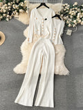 Gwmlk Senior Knitted Suits Fashion Metal Button Vest+V Neck Long Sleeves Cardigans+Wide Legs Pants Stripe Three Pieces Sets