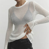 Gwmlk Fashion White Elegant Striped See Through Women Tops Outfits Long Sleeve T-Shirts Tees Skinny Club Party Clothes