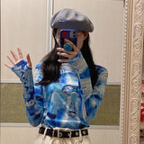 Gwmlk Ice Silk Sun Protection Mesh T-shirt for Women 2024 Summer New Blue Tie Dye Tee Shirt Y2k E-Girl Long Sleeve Tops