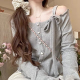 Gwmlk Sweet Off Shoulder Bow Lace Up Sweaters 2024 New Slim Fit Pink Tops Women Y2k Grunge Long Sleeve Cardigan Mujer