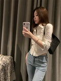 Gwmlk Women Folds Slim Fit Crop Tops Daily Design White Pure Korean Style Fashion Casual Office Lady All-match Tender Spring