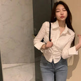 Gwmlk Women Folds Slim Fit Crop Tops Daily Design White Pure Korean Style Fashion Casual Office Lady All-match Tender Spring