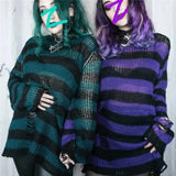 Gwmlk Punk Gothic Sweater Oversized Pullovers Women Striped Cool Hollow Out Hole Broken Jumper Harajuku Aesthetics Sweater