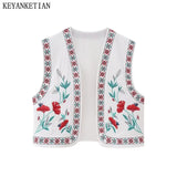 Gwmlk Autumn New Women's Garden Flower Totem Embroidered Vest Boho Holiday Wind Thin Cotton Linen Waistcoat Crop Top