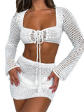 Gwmlk Women Sexy Crochet Knit 2 Piece Outfit Hollow Out Swimwear Bikini Cover Ups See Through Mini Bodycon Beach Sarongs Dress