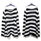 Gwmlk Gothic Long Unisex Sweater Summer Women Striped Cool Hollow Out Hole Broken Jumper Loose Rock Thin Dark Streetwear Top