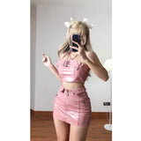 Gwmlk Sweet Pink Strapless Vest for Women+ Y2k E-Girl High Waist Bodycon Leather Skirts 2024 Summer New Two Piece Sets