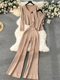 Gwmlk Senior Knitted Suits Fashion Metal Button Vest+V Neck Long Sleeves Cardigans+Wide Legs Pants Stripe Three Pieces Sets