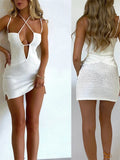 Gwmlk Women Sexy Backless Mini Dress White Halter Crochet Knitted Beach Dress Tie Up Hollow Out Short Cover Up Dresses