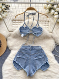 Gwmlk American Hotsweet Sets Halter Sleeveless Backless Love Tops+High Waist Button Basics Shorts Fashion Sexy Denim Suits