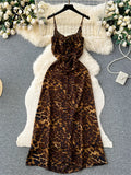 Gwmlk Spaghetti Strap Leopard Print Long Dress Ladies Sleeveless Slim Backless Sundress Fashion Holiday Beach Maxi Dress